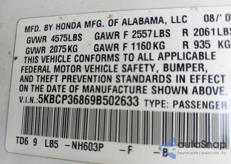 2009 Honda Accord 3.5 Ex-L z USA, uszkodzony, nr VIN 5KBCP36869B502633